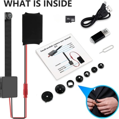 Conjunto de acessórios para microcâmara com manual e componentes diversos em fundo branco