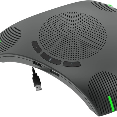 Coluna de conferência triangular preta com botões e luzes verdes