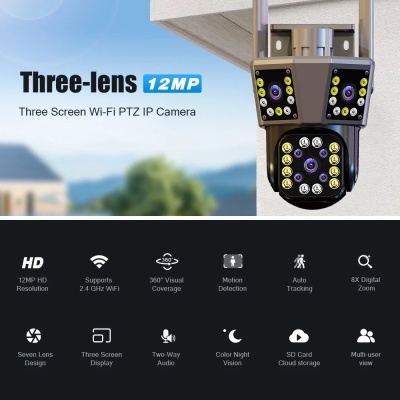 Câmara de segurança IP Wi-Fi PTZ preta com três lentes e LEDs brancos e amarelos