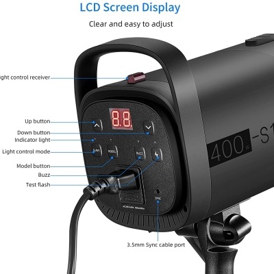 Produto eletrónico preto com visor LCD e botões várias funções