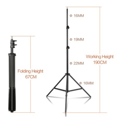 Suporte de tripé ajustável preto com medidas indicadas em laranja.