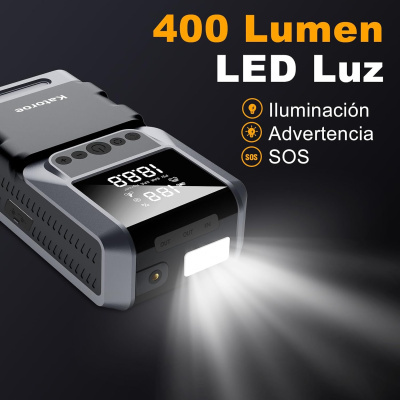 Dispositivo eletrônico com luz LED branca ligada e texto em espanhol sobre funções