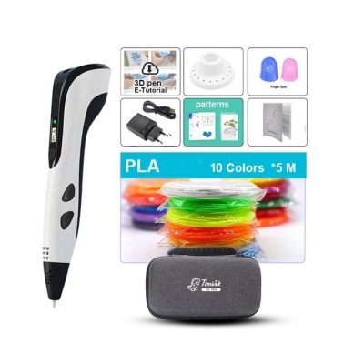 Caneta 3D branca e preta com filamentos coloridos e acessórios