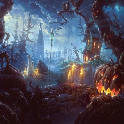 Cenário sombrio de Halloween com árvores retorcidas, casas e abóbora iluminada.