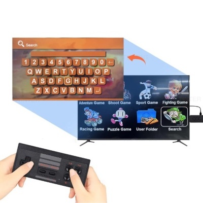 Comando retro e ecrã de TV com teclado e menu de videojogos