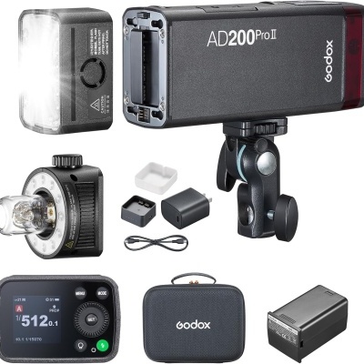 Conjunto de iluminação fotográfica Godox AD200Pro II com flash, painel digital, lâmpada, bateria, cabo USB e estojo preto