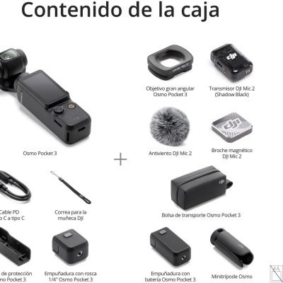 Conteúdo da caixa do Osmo Pocket 3 com acessórios e componentes organizados em fundo branco.