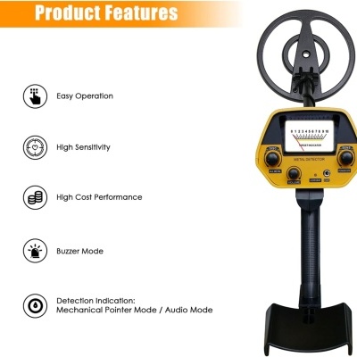 Detector de metais amarelo e preto com bobina circular e texto de características
