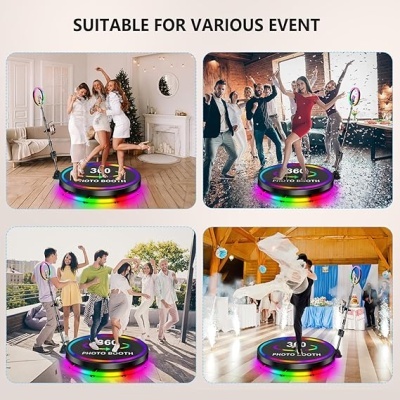 Plataforma LED redonda com texto 360 PHOTO BOOTH em quatro cenários diferentes de festa