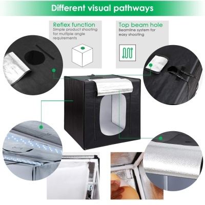 Tenda de fotografia preta com interior refletivo prateado e feixes de luz para disparo