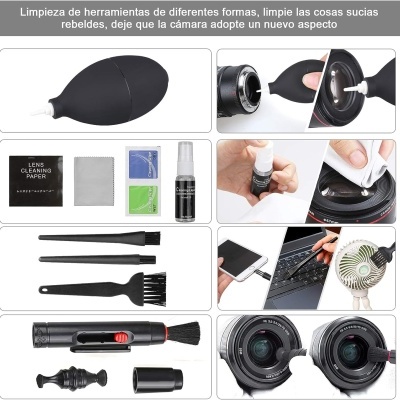 Conjunto de limpeza para câmeras com bulbo de ar, panos, spray e escovas