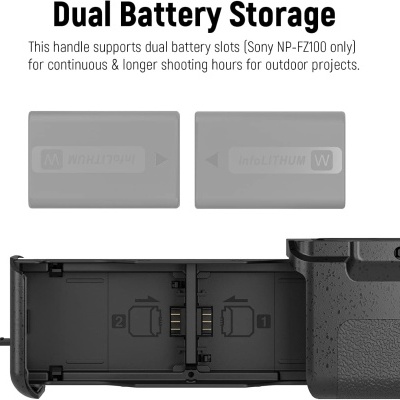 Suporte para duas baterias Sony NP-FZ100 com texto explicativo e compartimento aberto