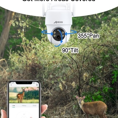 Câmara de segurança ANRAN com ângulo de 355° e inclinação de 90°, e telemóvel a mostrar vigilância ao vivo.
