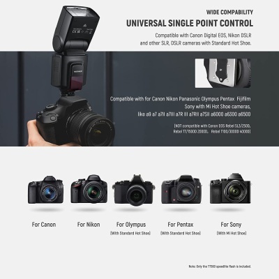 Flash universal para câmeras DSLR com exemplos de câmeras compatíveis de várias marcas.