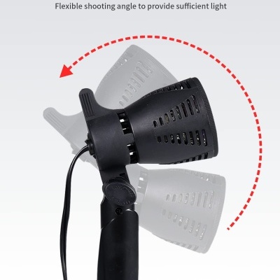 Lâmpada de luz ajustável preta com texto explicativo em fundo cinza