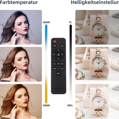 Controlo remoto preto, variação de temperatura de cor e luminosidade, relógios dourados em destaque.