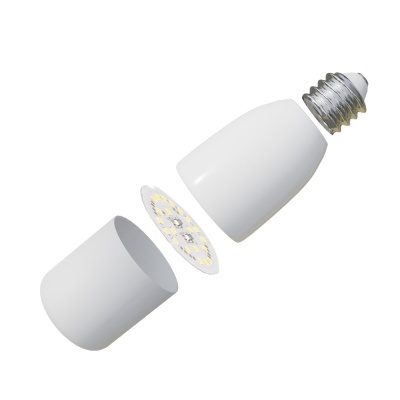 Lâmpada LED branca desmontada em três partes com base metálica