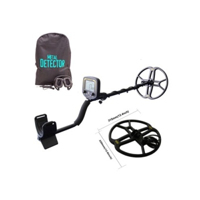 Detector de metais preto com painel digital e capa preta com texto azul