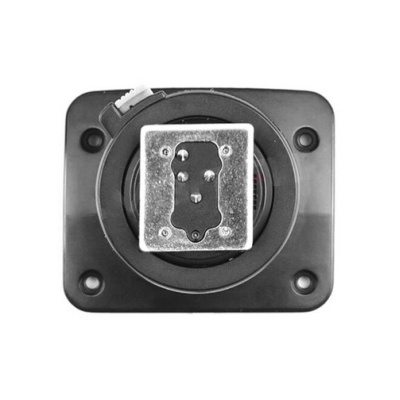 Base quadrada preta com suporte metálico central e três pinos