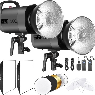 Conjunto fotográfico com duas luzes estúdio S101-300, softboxes, cabos, controlo remoto, difusores e guarda-chuvas