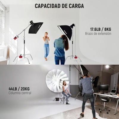 Estúdio fotográfico com luzes, modelos e fotógrafos, texto sobre capacidade de carga em espanhol