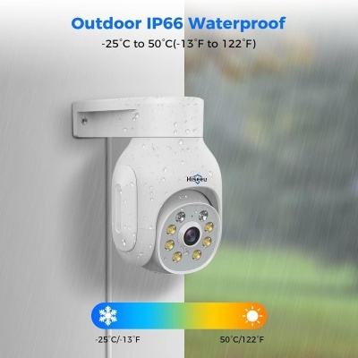 Câmara de segurança exterior branca Hiseeu com LED e gotas de água