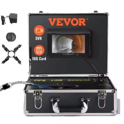 Câmara de inspeção para tubos VEVOR com monitor e acessórios numa mala preta