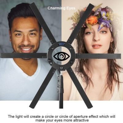 Dispositivo de luz circular preto com seis braços diante de fotos de homem e mulher