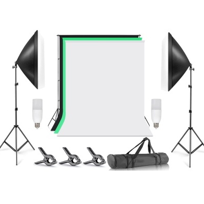 Kit de iluminação fotográfica com softboxes, fundos de papel, grampos, lâmpadas e bolsa preta