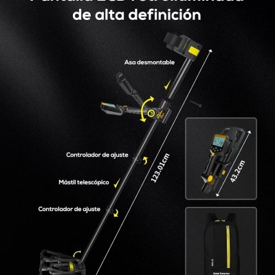 Detector de metal preto com visor LCD e mochila preta com fecho amarelo