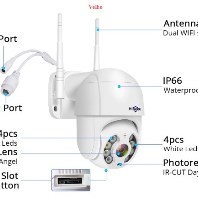 Câmara de vigilância branca com antena dual WiFi e especificações técnicas anotadas
