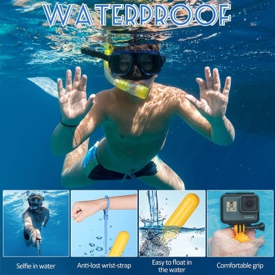 Pessoa com máscara de mergulho e snorkel amarelo na água com texto WATERPROOF e imagens adicionais de acessórios.