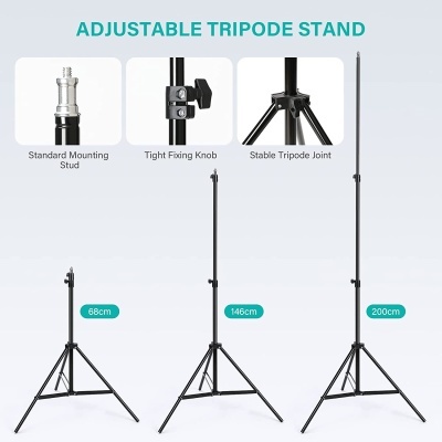 Tripé ajustável preto com vários níveis de altura e detalhes das partes em fundo branco