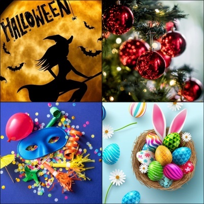 Quatro imagens temáticas de decoração festiva: Halloween, Natal, festa e Páscoa.