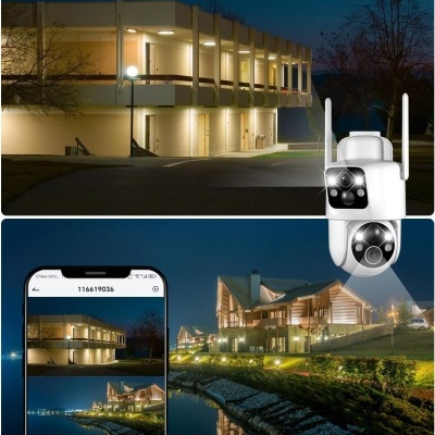 Câmara de segurança branca com LEDs e antenas, edifícios iluminados à noite e ecrã de telemóvel com imagens.