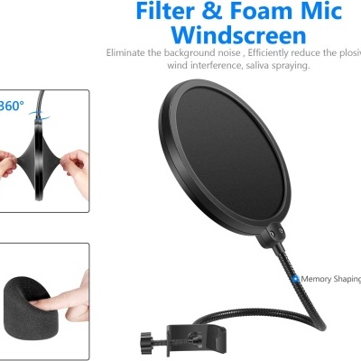 Filtro e espuma para microfone preto com suporte ajustável em fundo branco