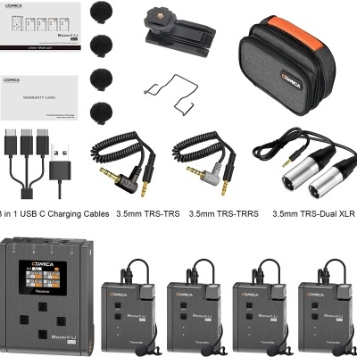 Conjunto de equipamento de áudio COMICA com recetor, transmissores, cabos, adaptadores, clips, manual, cartão e estojo
