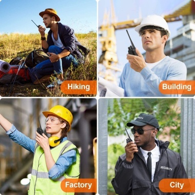Pessoas usando walkie-talkies em diferentes ambientes: montanha, obra, fábrica e cidade
