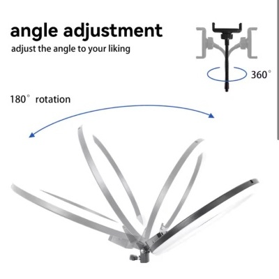 Suporte ajustável metálico com texto e indicações de rotação e ajuste