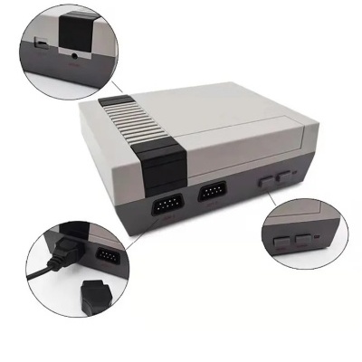 Consola retro cinzenta e preta com portas para comandos e cabo de alimentação