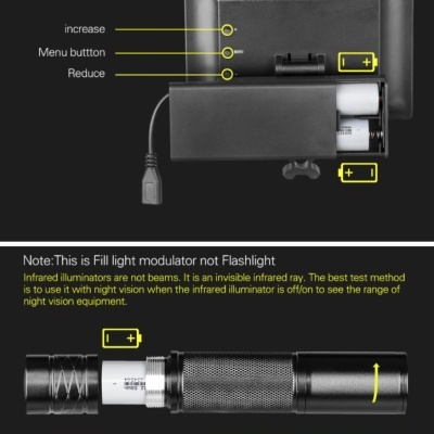 Dispositivo eletrônico com botões e lanterna preta com instruções em inglês.