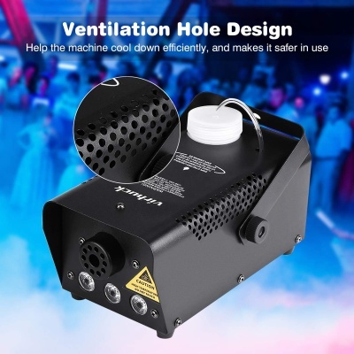 Máquina preta com buracos de ventilação, frasco branco e LEDs, fundo colorido desfocado