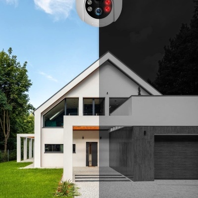 Câmara de segurança ANRAN 5MP sobre casa moderna de dia e noite