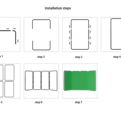 Instruções ilustradas de instalação em sete passos com setas vermelhas e contornos pretos