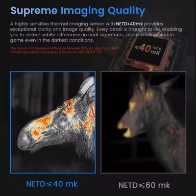 Comparação de qualidade de imagem térmica com texto e imagens de animais.