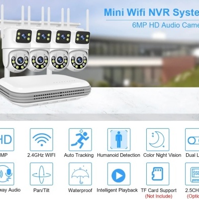 Sistema Mini Wifi NVR com 4 câmaras HD brancas e texto promocional