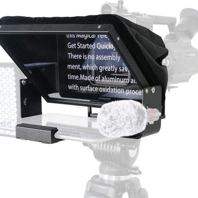 Teleprompter de vídeo com microfone e suporte em metal preto