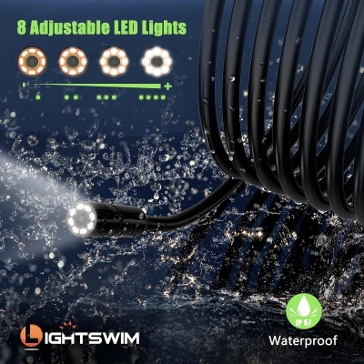 Lâmpada LED preta com cabo enrolado e texto sobre luzes ajustáveis e resistência à água