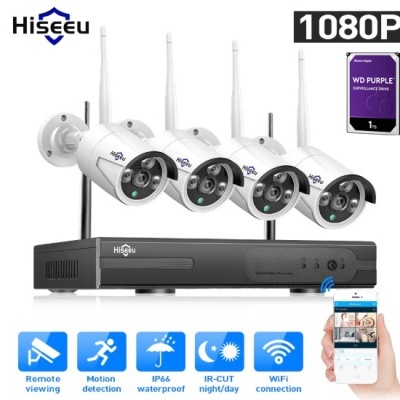 Conjunto de câmaras de segurança Hiseeu com gravador e cartão WD Purple