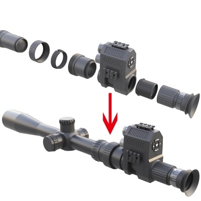 Lentes e adaptadores cinzentos e pretos numa luneta de mira telescópica com dispositivo óptico montado.